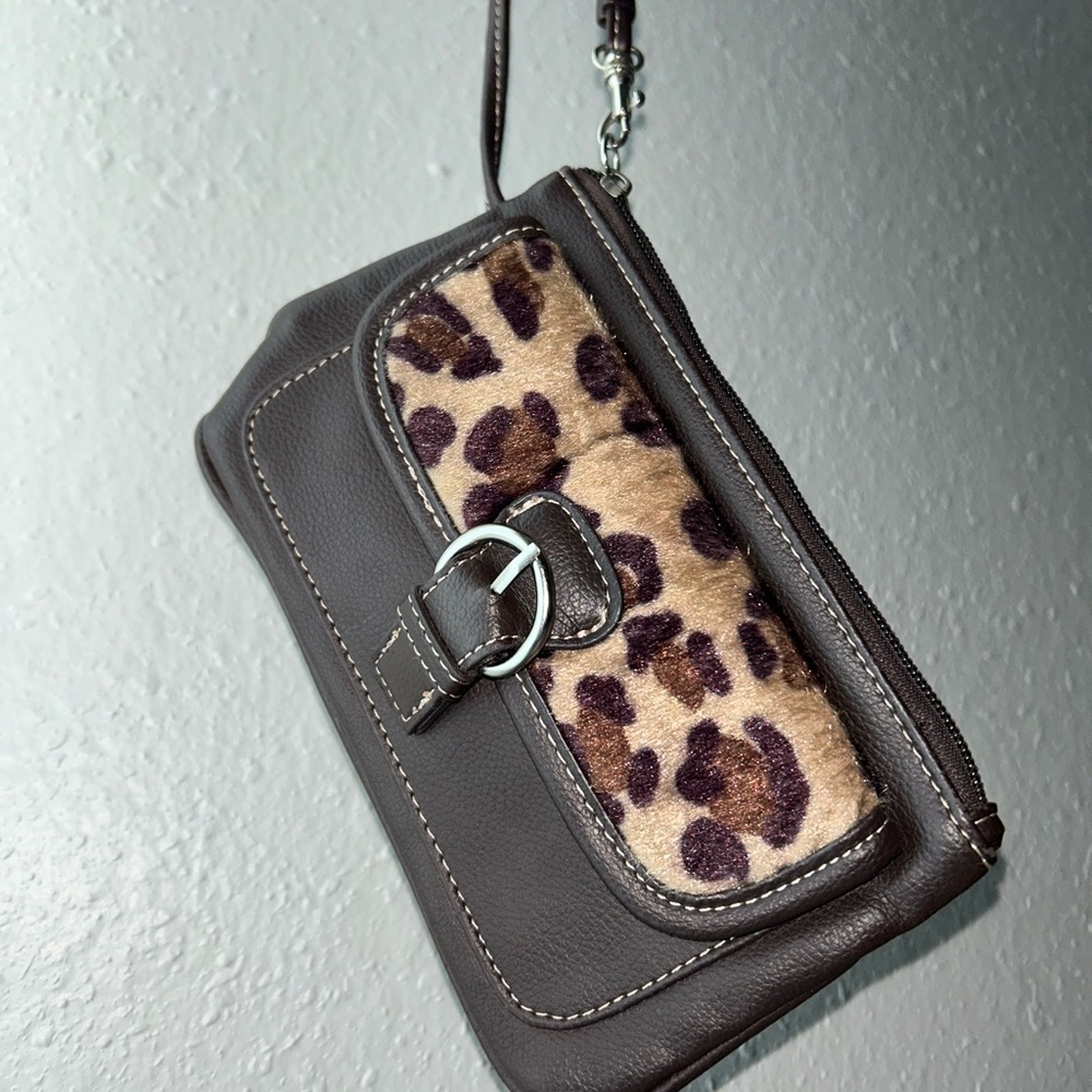 Leopard Print Brown Leather Wristlet